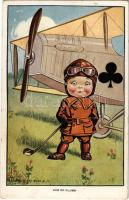 "Ace of Clubs" Pilot with aircraft, golf club, French card. No. 897. (EK)