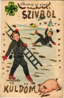 1947 Boldog Újévet! Jégkorcsolyázó kéményseprők és malac. Csillámmal készült lap / New Year greeting art postcard, ice skating chimney sweepers and pig (EB)