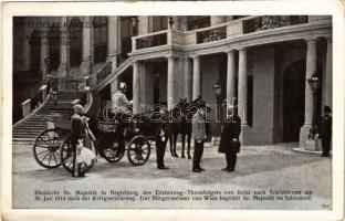 1915 Rückkehr Sr. Majestät in Begleitung des Erzherzog-Thronfolgers von Ischl nach Schönbrunn am 30. Juli 1914 nach der Kriegserklärung. Der Bürgermeister von Wien begrüßt Se. Majestät im Schloßhof / Franz Joseph I of Austria (EK)