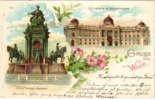 1897 (Vorläufer!) Wien, Vienna, Bécs; Maria Theresia Denkmal, K.K. Hofburg am Michaelerplatz / monument, royal castle. F. Sager Art Nouveau, floral, litho (small tear)