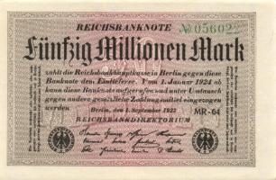 Német Birodalom / Weimari Köztársaság 1923. 50.000.000M (3x) fehér papíron, egymás utáni sorszámokka...