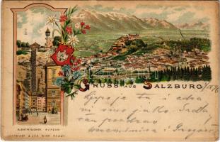 1898 (Vorläufer) Salzburg, Elektrischer Aufzug / general view, castle, funicular railway, coat of arms. Schneider &amp; Lux Art Nouveau, floral, litho (small tear)