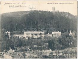 1911 Baden bei Wien, Weilburg mit Ruine Rauheneck im Helenental / castle ruins and castle. 2-tiled folding panoramacard (wet damage)