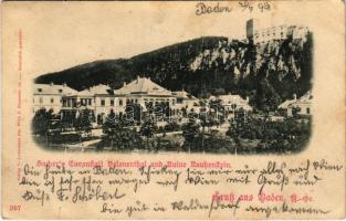 1899 (Vorläufer) Baden bei Wien, Sacher&#039;s Curanstalt Helenenthal und Ruine Rauhenstein / castle ruins, spa (cut)