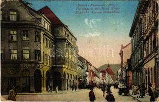 1914 Brassó, Kronstadt, Brasov; Purzengasse mit Hotel Krone / Kapu utca, Korona szálloda és kávéház / street view, hotel and café (Rb)