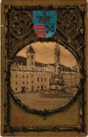 Körmöcbánya, Kremnitz, Kremnica; Fő tér, Szentháromság szobor. R. Kniep kiadása. Szecessziós keret címerrel / main square, Holy Trinity statue. Art Nouveau frame with coat of arms (EK)