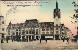 1912 Kiskunfélegyháza, Városháza, Keleti Adolf, Csernus Sándor, Göröcs Farkas üzlete, piac. Royko B. kiadása (EK)