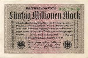 Német Birodalom / Weimari Köztársaság 1923. 50.000.000M (6x) fehér papíron, közeli sorszámokkal T:II+