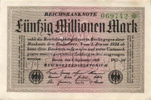 Német Birodalom / Weimari Köztársaság 1923. 50.000.000M (6x) fehér papíron, közeli sorszámokkal T:II...