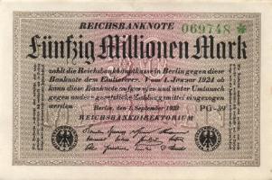 Német Birodalom / Weimari Köztársaság 1923. 50.000.000M (6x) fehér papíron, közeli sorszámokkal T:II...