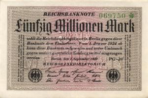 Német Birodalom / Weimari Köztársaság 1923. 50.000.000M (6x) fehér papíron, közeli sorszámokkal T:II...