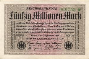 Német Birodalom / Weimari Köztársaság 1923. 50.000.000M (6x) fehér papíron, közeli sorszámokkal T:II...