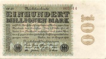 Német Birodalom / Weimari Köztársaság 1923. 100.000.000M (5x) cégnyomat, közeli sorszámokkal T:II+