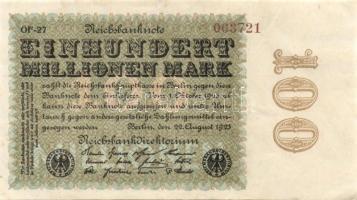 Német Birodalom / Weimari Köztársaság 1923. 100.000.000M (5x) cégnyomat, közeli sorszámokkal T:II+