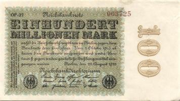 Német Birodalom / Weimari Köztársaság 1923. 100.000.000M (5x) cégnyomat, közeli sorszámokkal T:II+