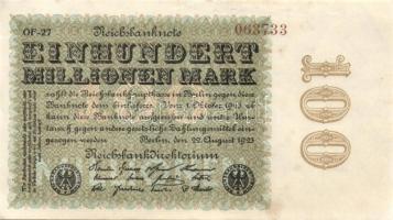 Német Birodalom / Weimari Köztársaság 1923. 100.000.000M (5x) cégnyomat, közeli sorszámokkal T:II+