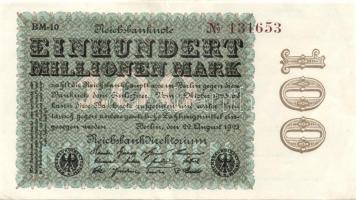 Német Birodalom / Weimari Köztársaság 1923. 100.000.000M (3x) cégnyomat, egymás utáni sorszámokkal T:II