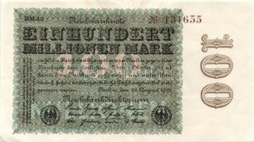 Német Birodalom / Weimari Köztársaság 1923. 100.000.000M (3x) cégnyomat, egymás utáni sorszámokkal T...