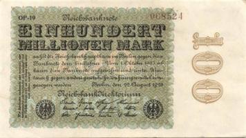 Német Birodalom / Weimari Köztársaság 1923. 100.000.000M (2x) cégnyomat, közeli sorszámokkal T:II