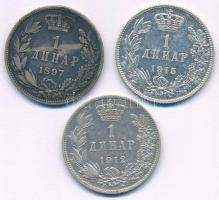 Szerbia 1897. 1D Ag "I. Sándor" + 1912. 1D Ag "I. Péter" + 1915. 1D Ag "I. ...