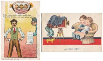 7 db RÉGI humoros rajzos képeslap vegyes minőségben / 7 pre-1945 funny postcards in mixed quality