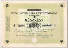 Budapest 1936. "Royal Nagyszálloda Részvénytársaság" 10 részvénye egyben, összesen 500P-ről, szárazpecséttel, szelvényekkel és felülbélyegzéssel T:VF / Hungary / Budapest 1936. "Royal Grand Hotel Share Company" 10 shares in one, all about 500 Pengő, with embossed stamp, coupons and overprint C:VF