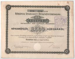 Budapest 1922. Kőbányai Iparvasút Részvénytársaság 25 részvénye egyben, egyenként 100K-ról, szárazpecséttel, szelvényekkel, felülbélyegzéssel T:XF / Hungary / Budapest 1922. Industria Railway Share Company of Kőbánya 25 shares in one, each about 100 Korona, with embossed stamp, coupons and overprint C:XF