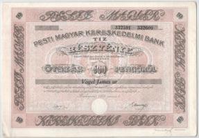 Budapest 1928. &quot;Pesti Magyar Kereskedelmi Bank&quot; tíz részvénye egyben, összesen 500P-ről, névre szóló, szelvényekkel, szárazpecséttel T:AU / Hungary / Budapest 1928. &quot;Hungarian Commercial Bank of Pest&quot; 10 shares in one, all about 500 Pengő, with coupons and embossed stamp C:AU