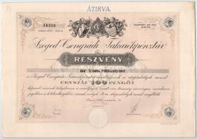 Szeged 1928. "Szegedi-Csongrádi Takarékpénztár" névre szóló részvénye 100P-ről, szárazpecséttel, szelvényekkel, bélyegzéssel T:VF hajtásnál nagyobb szakadás / Hungary / Szeged 1928. "Szeged-Csongrád Savings Bank" share about 100 Pengő, with embossed stamp and coupons, with overprint C:VF bigger tear at the fold