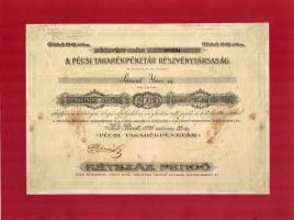 Pécs 1926. Pécsi Takarékpénztár Részvénytársaság névre szóló részvénye 200P-ről, szárazpecséttel, bélyegzéssel, papírkeretbe ragasztva T:III