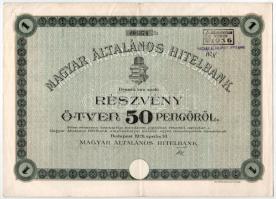 Budapest 1926. "Magyar Általános Hitelbank" részvénye 50P-ről, szárazpecséttel, szelvényekkel, bélyegzésekkel T:III