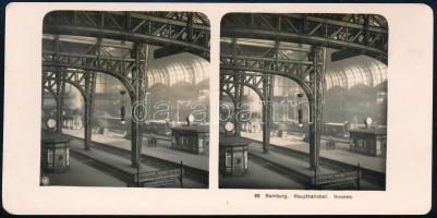 cca 1910 Németország, Hamburg, főpályaudvar, vintage sztereofotó, ezüst zselatinos fotópapíron, 8,7x18 cm
