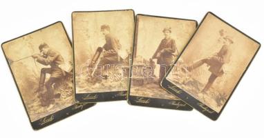 cca 1880-1890 Vadászruhás úr puskával, 4 db keményhátú kabinetfotó ifj. Lovich Antal budapesti műterméből, vegyes állapotban, 16,5x11 cm