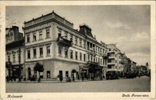 1941 Kolozsvár, Cluj; Deák Ferenc utca, Dombi üzlete, mentőautó / square, shops, ambulance