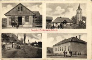 1912 Szentmihály, Sanmihaiu, Mihai Viteazu; Üdvözlet Felsőszentmihályról, üzlet, templom, iskola, utca / street view, shop, church, school (EK)