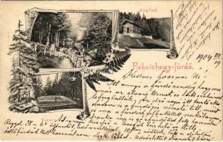 1904 Feketehegy-fürdő, Feketehegy, Schwartzenberg, Cernohorské kúpele (Merény, Vondrisel, Nálepkovo); Alsó sétány zenepavilonnal, kuglizó, teniszpálya teniszezőkkel. Fénynyomat Divald műintézetéből / spa, promenade, music pavilion, tennis court with players, bowling alley, kegeln. Art Nouveau, floral (EK)