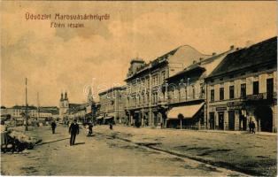 1908 Marosvásárhely, Targu Mures; Fő tér, Fonciere pesti biztosító intézet főügynöksége, üzletek, piac. W.L. (?) 44. / main square, insurance company, shops, market (EK)