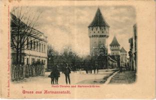 Nagyszeben, Hermannstadt, Sibiu; Stadt-Theater und Hartenecktürme / Városi színház és Harteneck tornyok. Verl. d. Buchh. G. A. Seraphin / street view, theatre, towers (vágott / cut)