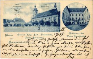 1899 (Vorläufer) Nagyszeben, Hermannstadt, Sibiu; Palais Bruckenthal, Kath. Pfarrkirche, Hoffacade des Palais Bruckenthal / Bruckenthal palota, udvar, Római katolikus plébániatemplom. A. von Palocsay kiadása / palace, courtyard, Catholic church (EK)