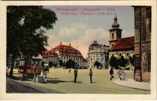 Nagyszeben, Hermannstadt, Sibiu; Großer Ring / Nagy piac, villamos. Martin Petri kiadása / market square, tram