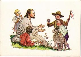 Cserkész Jézussal. Kiadja Márton L.-féle Cserkészlevelezőlapok Kiadóhivatala / Hungarian scout art postcard s: Márton L.