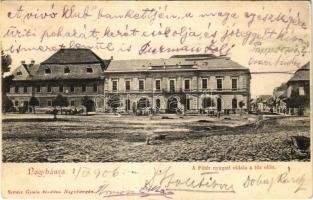 1906 Nagybánya, Baia Mare; Fő tér nyugati oldala a tűz előtt, sör és borcsarnok. Kovács Gyula kiadása / main square before the fire, wine and beer hall (EK)