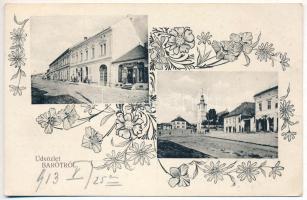 1913 Barót, Baraolt; Greiszing F. üzlete. Daniel ferenc kiadása / street, shops. Art Nouveau, floral + BRASSÓ-BUDAPEST 10. vasúti mozgóposta