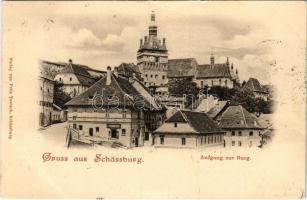 1899 (Vorläufer) Segesvár, Sighisoara, Schässburg; Aufgang zur Burg / utca, J. Taschler P. üzlete. Fritz Teutsch kiadása / street, shop (gyűrődés / crease)