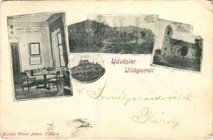 1900 Világos, Siria; Bohus kastély, Római katolikus templom, Fegyverletételi aláíró-szoba, várrom. Weber János kiadása / castle, Catholic church, armistice signing room, castle ruins (szakadás / tear)