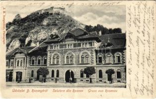 1904 Barcarozsnyó, Rozsnyó, Rosenau, Rasnov; Hotel u. Burg, Gasthaus zur Rosenauer Burg / Szálloda Barcarozsnyó várához, háttérben a vár / hotel, castle ruins. J. E. Steegmüller Photograph (EB)