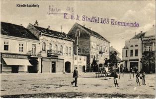 1918 Kézdivásárhely, Targu Secuiesc; Fő tér, Ifj. Dávid István, Szentes Gyula, Jancsó F. Lajos üzlete, piac. Turóczi István kiadása / main square, shops, market + "K.u.K. Staffel 168 Kommando" (EK)