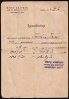 1942 Csepel, Weiss Manfréd Acél- és Fémművei Rt. munkáltatói igazolása villanyszerelő részére, kis szakadással, foltokkal