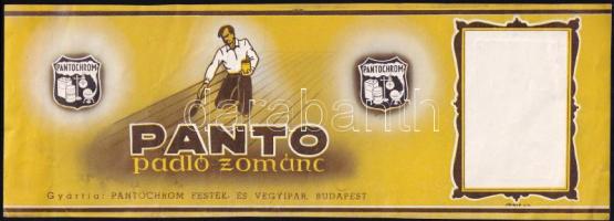 cca 1930-1940 Panto padló zománc festék címke, gyártja: Pantochrom Festék- és Vegyipar Bp., Jámbor József Géza grafikája, 29x10 cm
