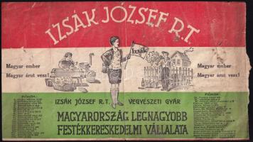 cca 1935 Izsák József Rt. vegyészeti gyár és festékkereskedelmi vállalat, kétoldalas reklámlap, viseltes állapotban, 27,5x15,5 cm